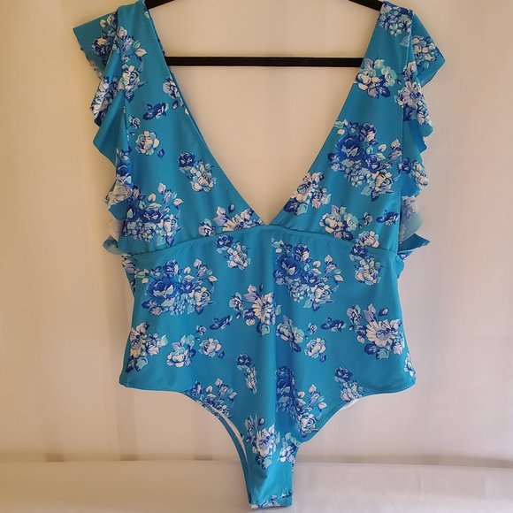 Cupshe One Piece Floral Blue Swimsuit Ruffle Shoulder Sleeves Size 3XL - Picture 5 of 9
